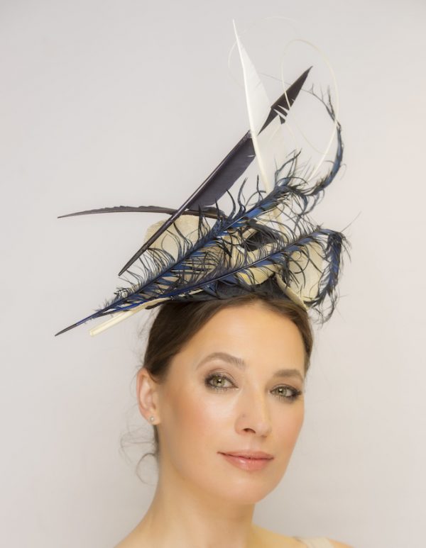 Navy & Ivory feather pinpok headpiece - front