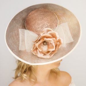 Bronze sinamay and crin couture hat with silk rose