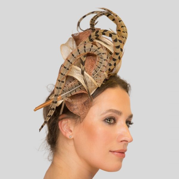 Bronze Pheasant Feather Race Day Fascinator Headpiece - side view left