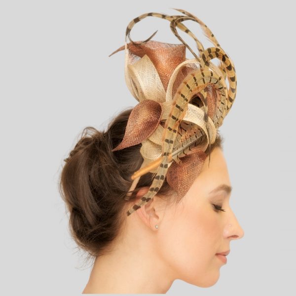 Bronze Pheasant Feather Race Day Fascinator Headpiece - side view l