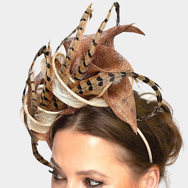 Bronze Pheasant Feather Race Day Fascinator Headpiece - detail view right