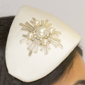 Alice - Handmade couture satin headband with vintage style brooch appliqué - close up