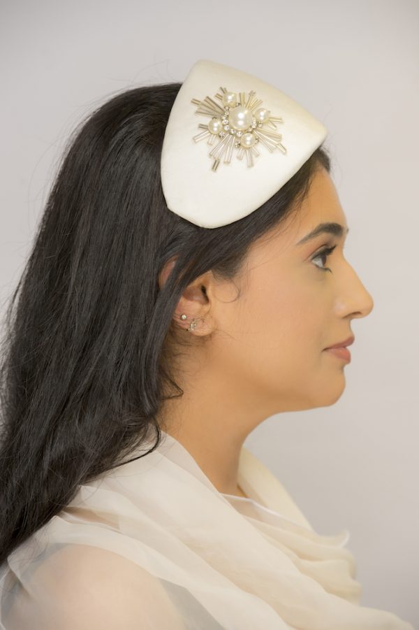 Alice - Handmade couture satin headband with vintage style brooch appliqué - side