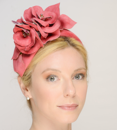 Julianna - handmade couture red leather headband with red leather flowers - front