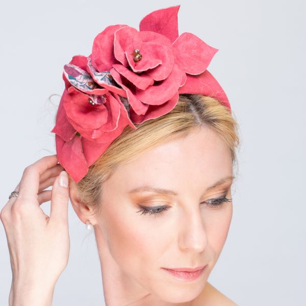 Julianna - handmade couture red leather headband with red leather flowers - detail view