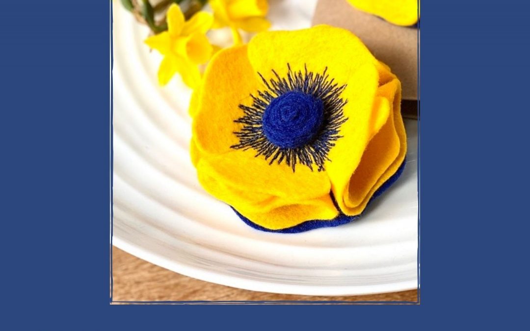 Collage featuring Sunflowers for Ukraine felt flower