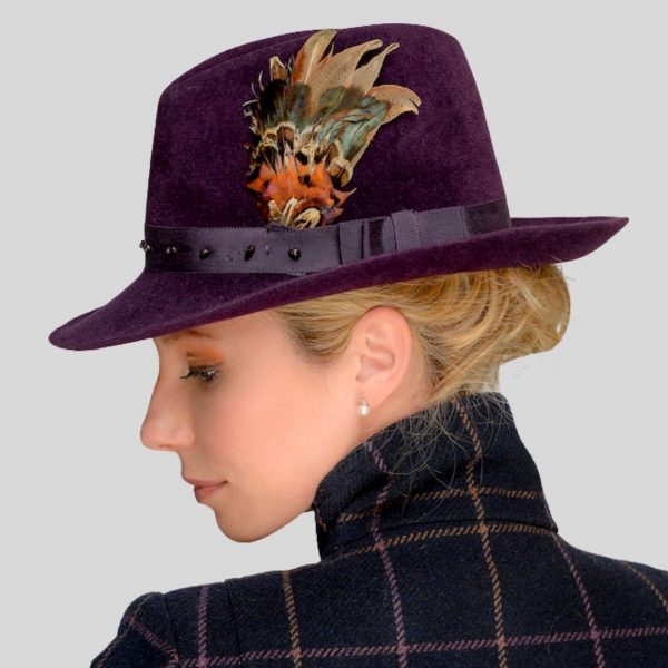 Aubergine fedora with feather hat pin - detail view