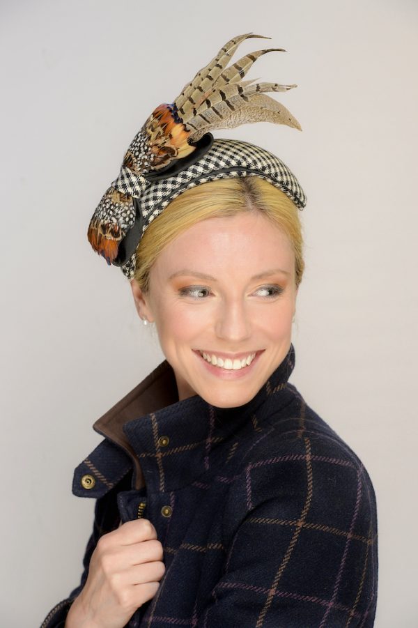 Border tartan headpiece with pheasant trim