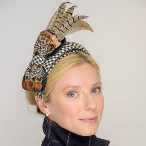 Border tartan headpiece with pheasant trim detail