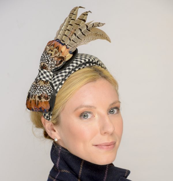 Border tartan headpiece with pheasant trim detail