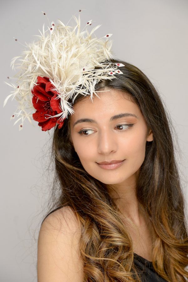 Diamante detail - Roses are Red headpiece - knotted feather and scarlet flower detail