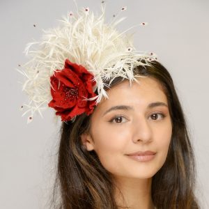 Roses are Red headpiece - knotted feather and scarlet flower