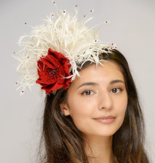 Roses are Red headpiece - knotted feather and scarlet flower