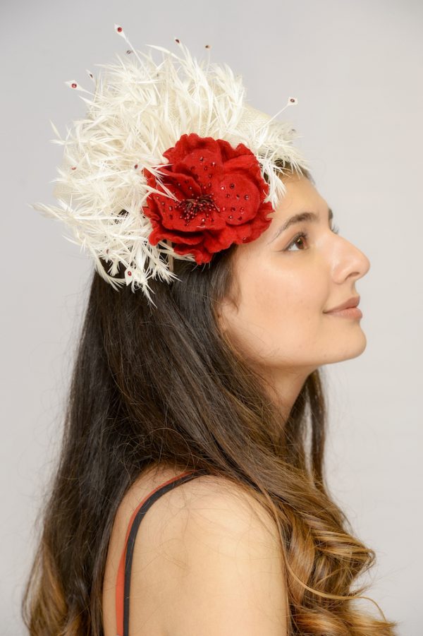 Side view - Roses are Red headpiece - knotted feather and scarlet flower detail