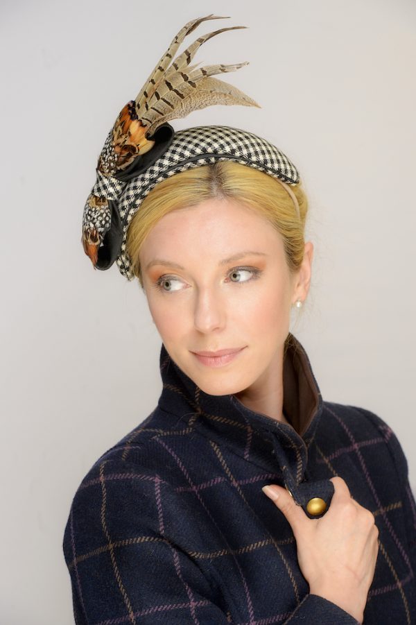 Side view of Border tartan headpiece with pheasant trim