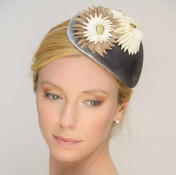 Velvet headpiece with cockades side view