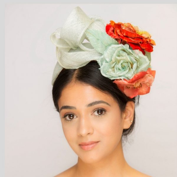 Aquamarine sinamay headband with handmade flowers