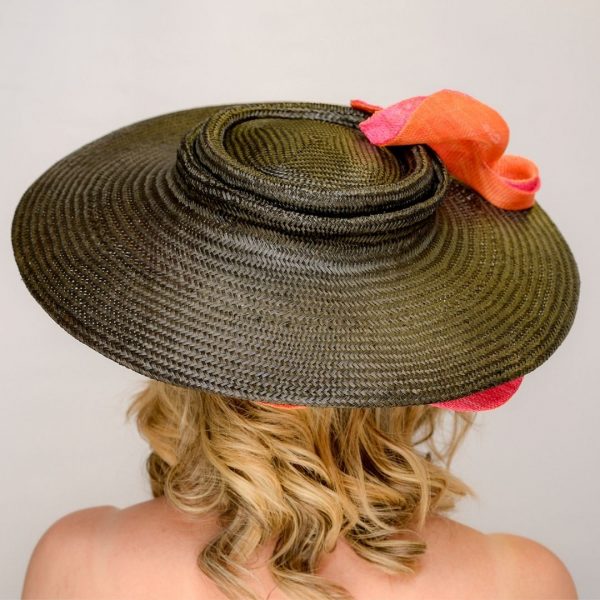 Black buntal brimmed hat with ivory underlay and orange and pink twists - back