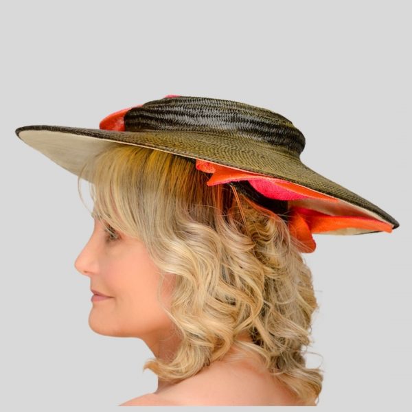 Black buntal brimmed hat with ivory underlay and orange and pink twists - detail