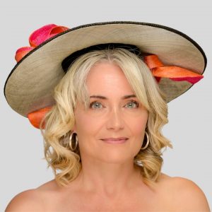Black buntal brimmed hat with ivory underlay and orange and pink twists - front