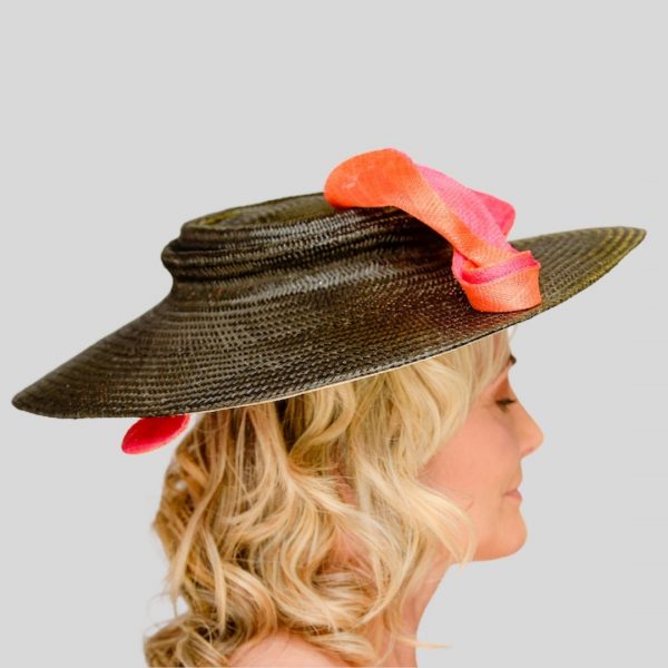Black buntal brimmed hat with ivory underlay and orange and pink twists - right