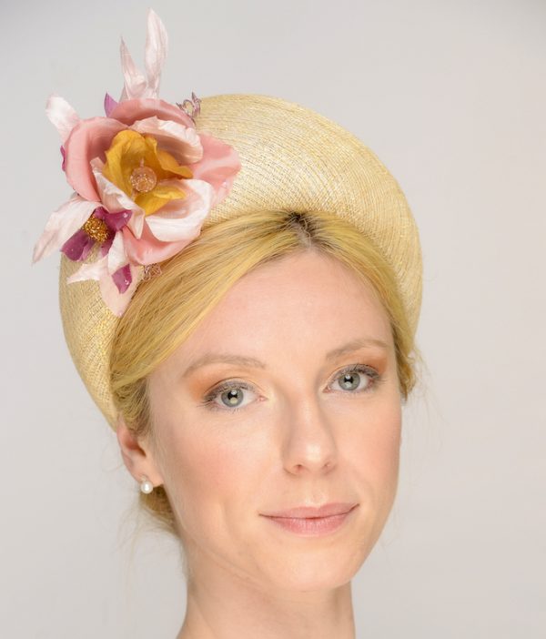Gold lustre sinamay crown style headband with handmade flowers