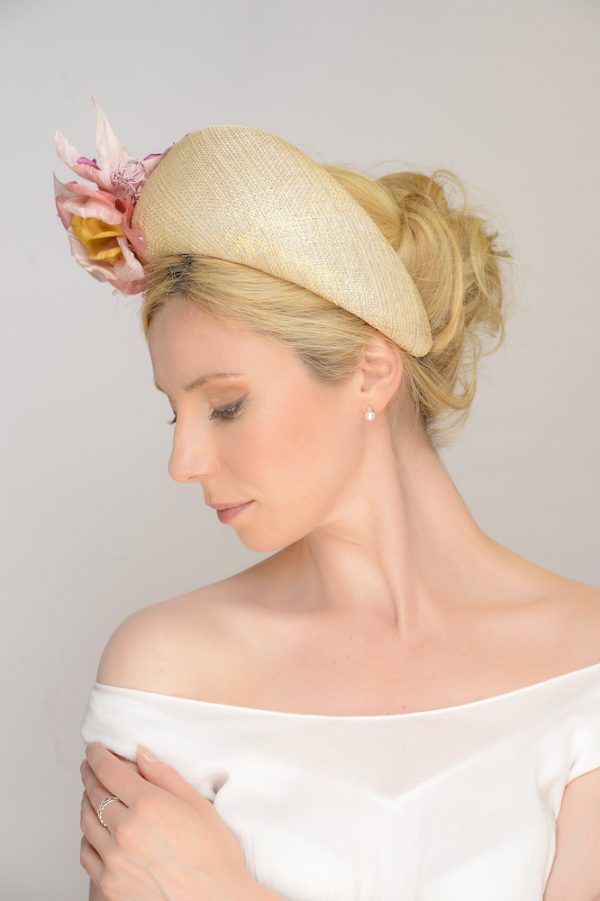 Gold lustre sinamay crown style headband with handmade flowers side view