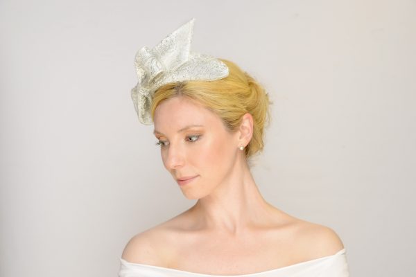 Silver brocade embroidered bow headpiece side view