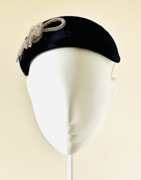 Florence – midnight blue velvet couture headband trimmed with diamante rope - front