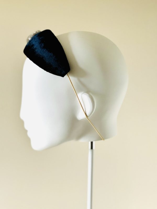 Florence – midnight blue velvet couture headband trimmed with diamante rope - left