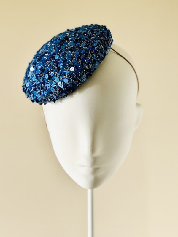 Jenny, a mid size perching beanie style headpiece in cobalt blue sequin beads,facing