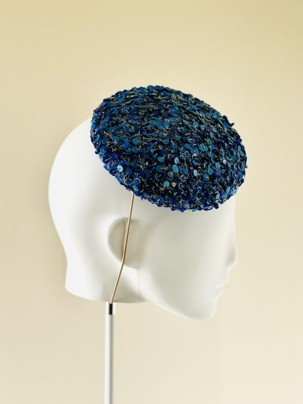 Jenny, a mid size perching beanie style headpiece in cobalt blue sequin beads, right