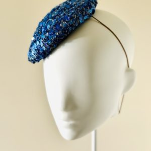 Jenny, a mid size perching beanie style headpiece in cobalt blue sequin beads, front