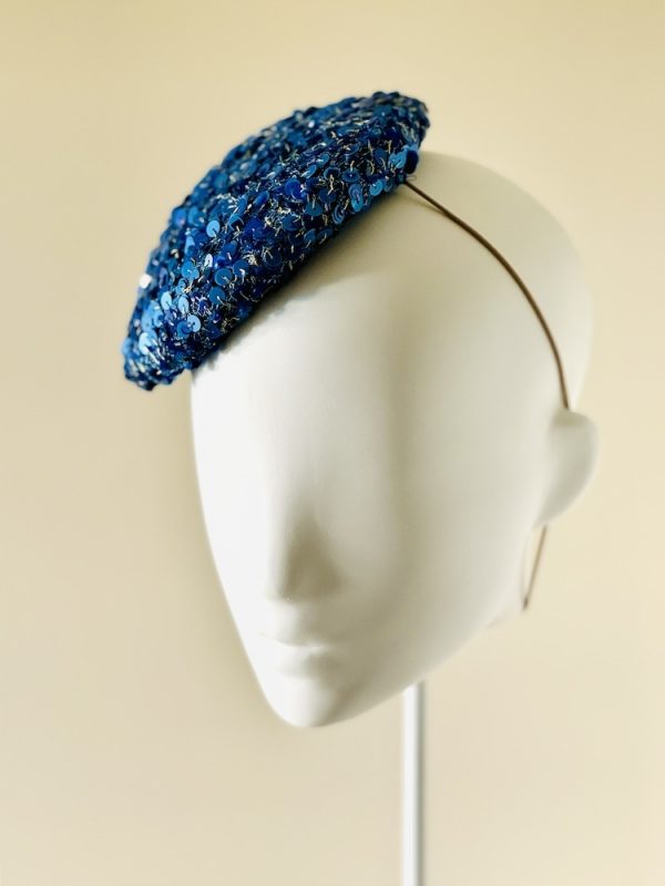 Jenny, a mid size perching beanie style headpiece in cobalt blue sequin beads, front