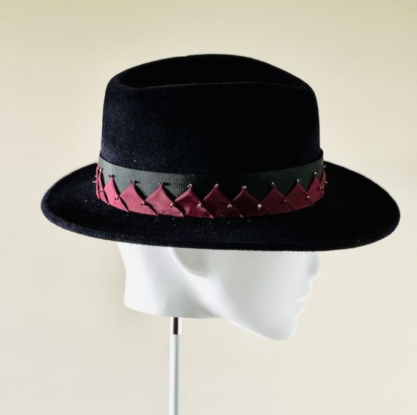Darcy - peachbloom fedora with handmade beaded hat band - side view