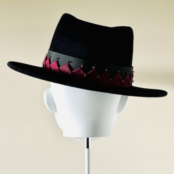 Darcy - peachbloom fedora with handmade beaded hat band midnight navy - rear view