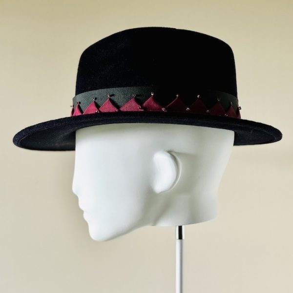 Darcy - peachbloom fedora midnight navy with handmade beaded hat band - side brim up