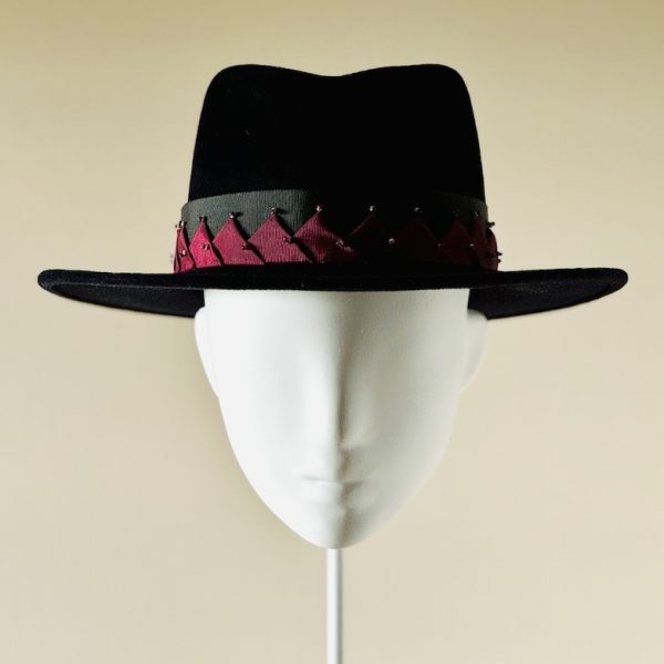 Darcy - peachbloom fedora midnight blue with handmade beaded hat band - front view straight up