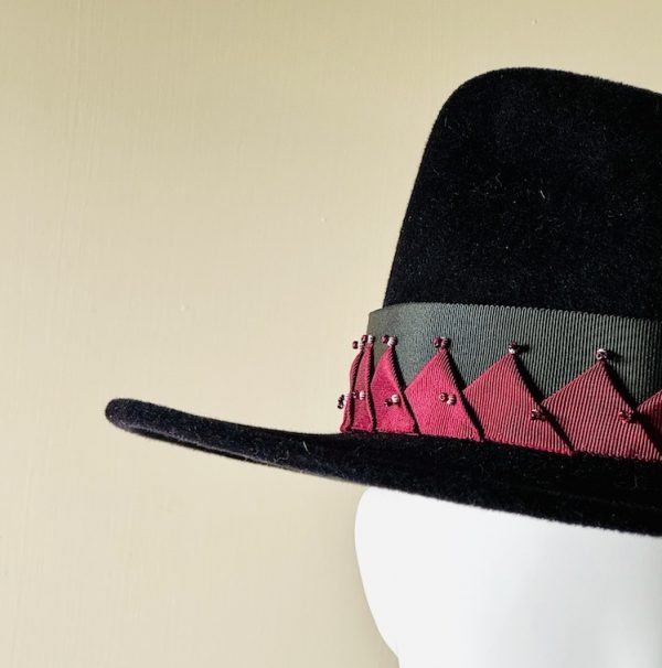 Darcy - peachbloom fedora midnight blue with detail of handmade beaded hat band