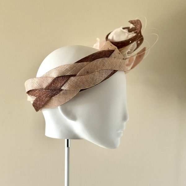 Evie – 20’s inspired sinamay plaited headband with cotton organdie flowers right