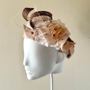 Evie – 20’s inspired sinamay plaited headband with cotton organdie flowers left