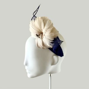 Charlotte blue halo style headband detail view of feather flower