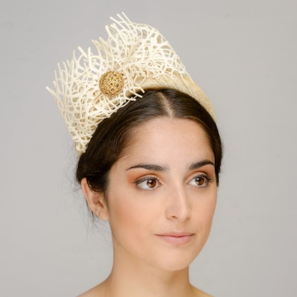 Sophia gold lustre headband with lace ruffle - side view