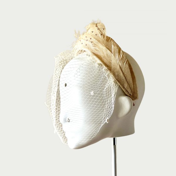 Daisy sinamay halo headband side view with veil