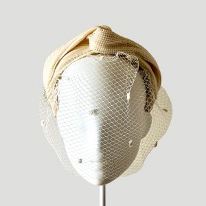 Harper - ivory silk abaca semi turban with a faux pearl wrap front view with veil