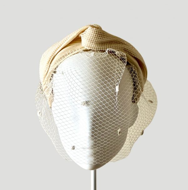 Harper - ivory silk abaca semi turban with a faux pearl wrap front view with veil