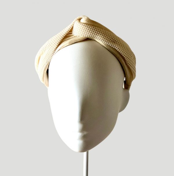 Harper ivory silk abaca semi turban with a faux pearl wrap front view veil removed