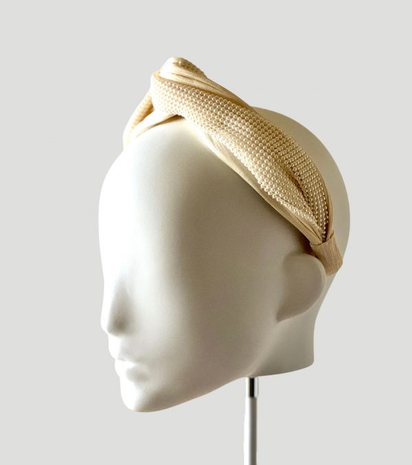 Harper ivory silk abaca semi turban with a faux pearl wrap side view veil removed