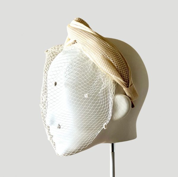 Harper ivory silk abaca semi turban with a faux pearl wrap side view with veil