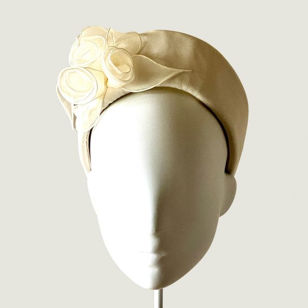 Phoebe ivory crepe halo crown with cotton organdie flowers front view